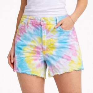 NWT Judy Blue Tie Dye Denim Shorts Women’s 1XL Raw Hem Multi-Color Blue Pink
